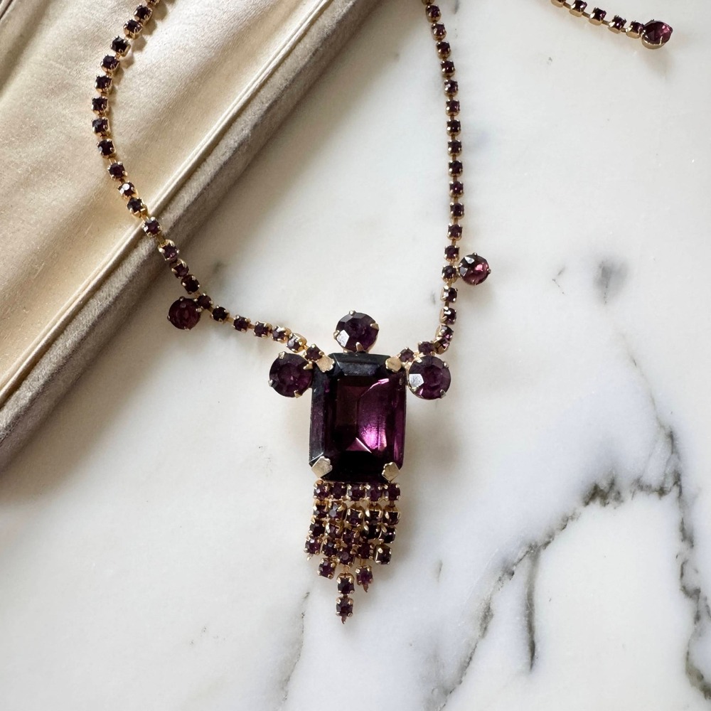 Vintage 1950s Purple Rhinestone Statement Necklace Tassel Sparkly Dressy Formal - Picture 3 of 6